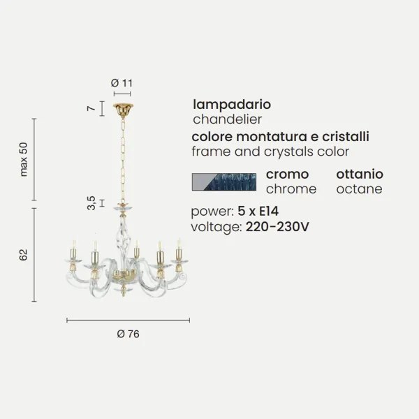 Lampadario a sospensione 1306 in vetro soffiato D76 cm lavorato a mano 5 luci OTTANIO