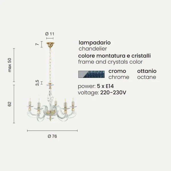 Lampadario a sospensione 1306 in vetro soffiato lavorato a mano 5 luci OTTANIO