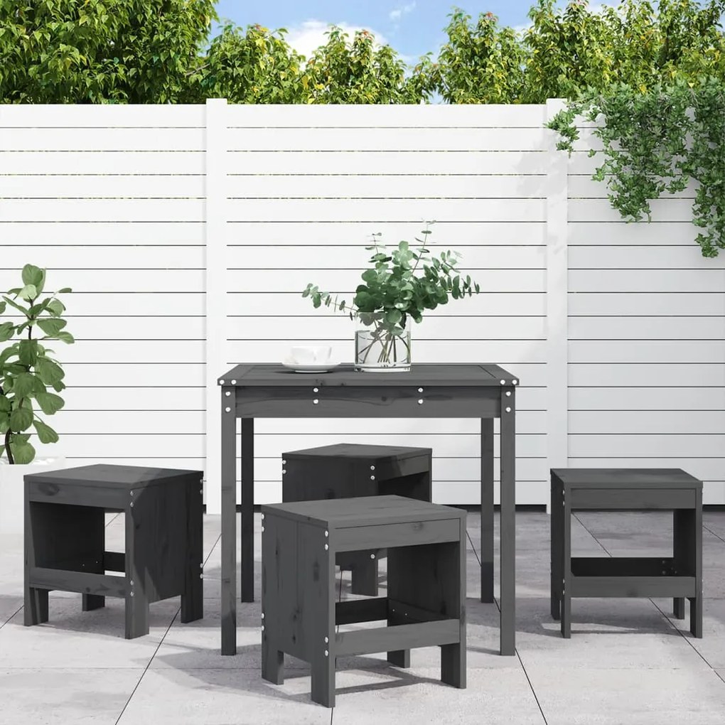Set Da Pranzo Per Giardino 5pz Grigio İn Legno Massello Di Pino /