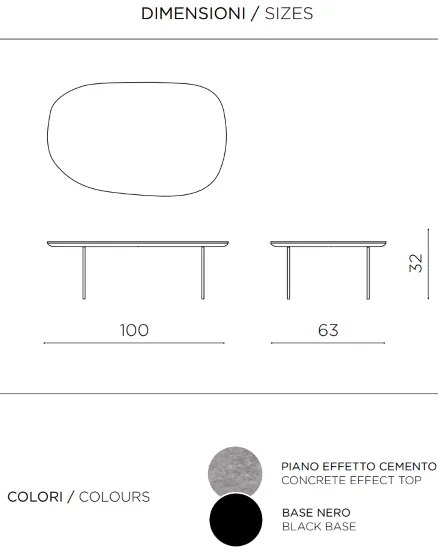 Tavolino con piano sagomato in legno Cemento e base in metallo - FLUX Large