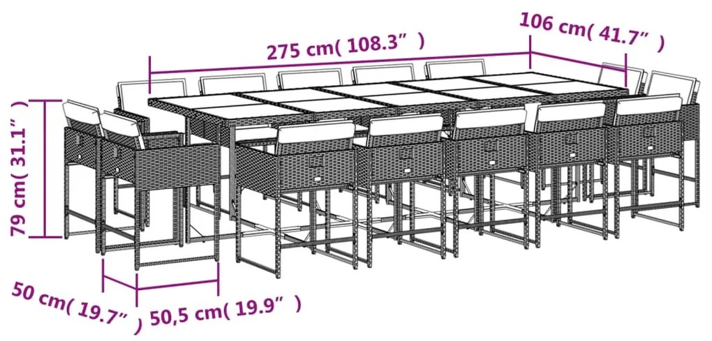 Set pranzo da giardino 15 pz con cuscini beige misto polyrattan