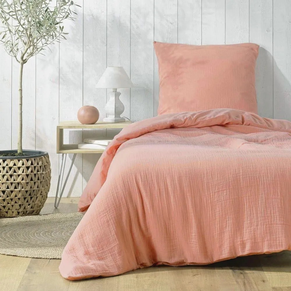 Biancheria da letto rosa in mussola per letto singolo 140x200 cm Angelia – douceur d'intérieur