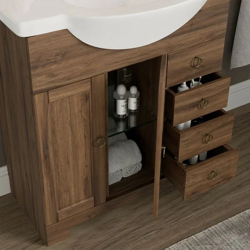 Mobile bagno a terra 75 noce con lavabo specchio e lampada Romantica