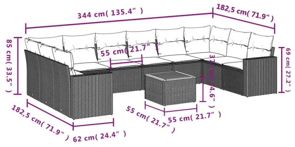 Set divani da giardino 11 pz con cuscini in polyrattan nero