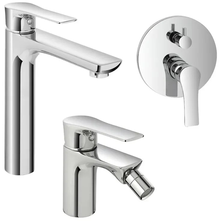 Set miscelatori lavabo alto bidet e doccia con deviatore in ottone Flat
