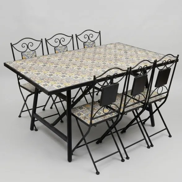 Set Tavolo E Sedie Da Esterno 90x160 Cm In Ferro E Maioliche Amalfi