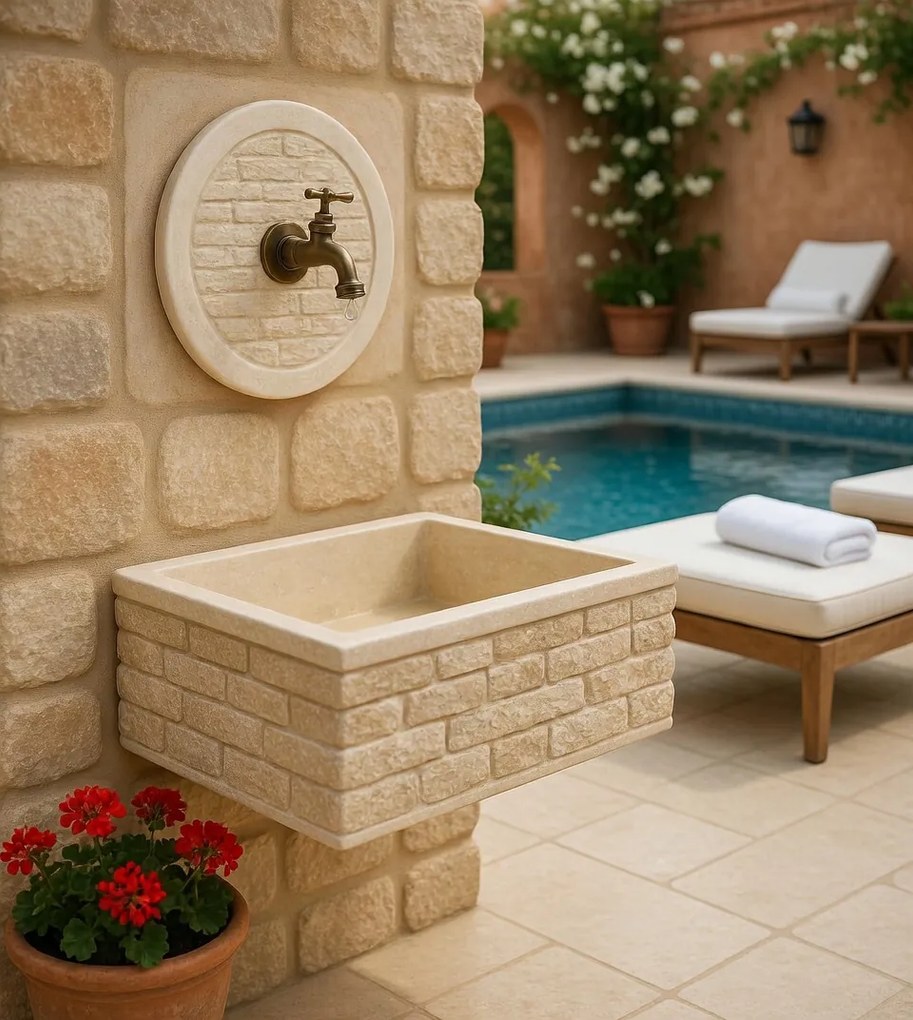 Lavello Rettangolare da Esterno 45x35 cm con Rosone Installazione a Muro in Cemento Mattone Faccia a Vista Meseta Nocciola...