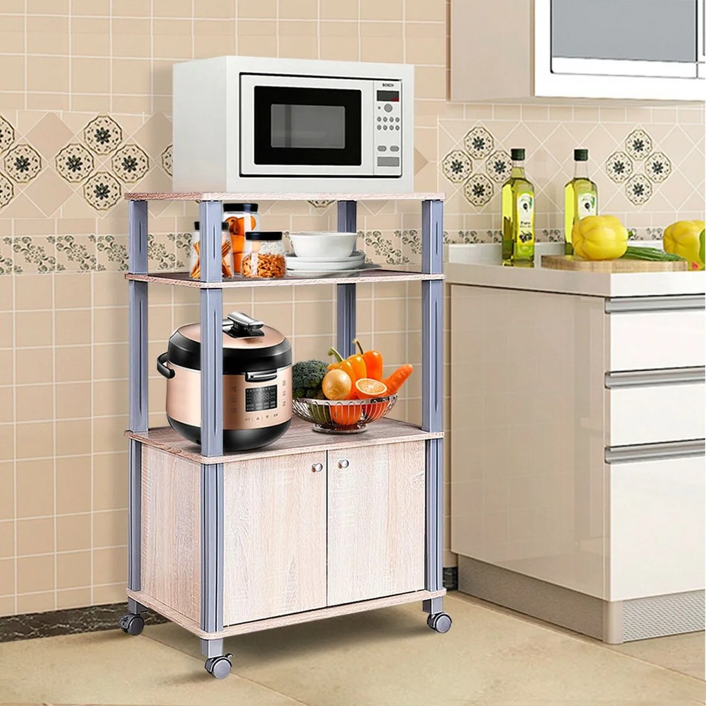 Costway Carrello da cucina multiuso con ruote e 2 ante Carrello in legno a 3 ripiani 60x40x98cm