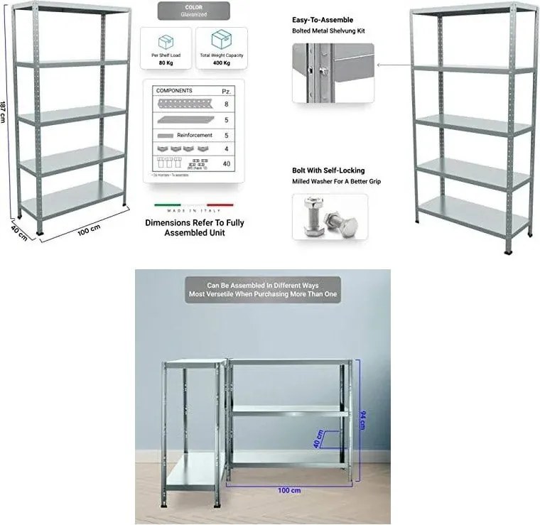 Scaffale in Metallo 5 Ripiani 100x40x187 cm Ettore Zincato...