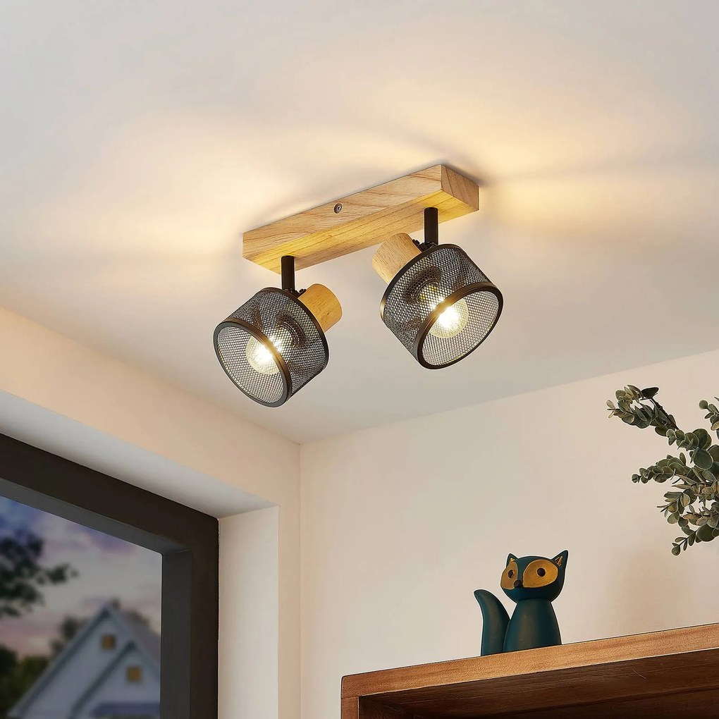 Lindby Evinora spot da soffitto di legno, 2 luci Lindby, dimmerabile, Legno chiaro, Soggiorno / Sala da pranzo, Legno, Moderno, Faretto