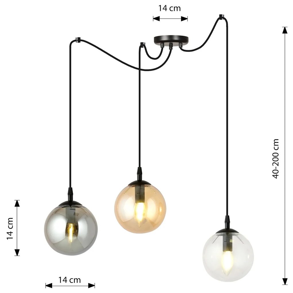 Lampadario 3 Luci Gigi In Acciaio Nero Con Cavo Lungo E Vetri Multicolor