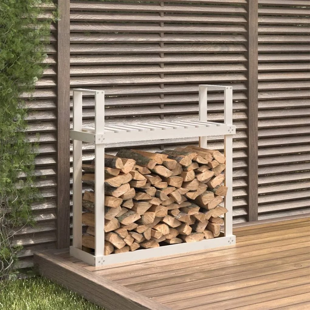 Portalegna Bianco 110x35x108,5 Cm İn Legno Massello Di Pino /