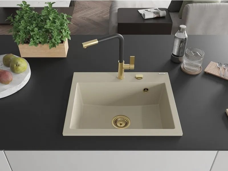 Mexen Oscar lavello da cucina in granito 1 vasca 580 x 490 mm, beige, sifone dorato - 6519581000-69-G