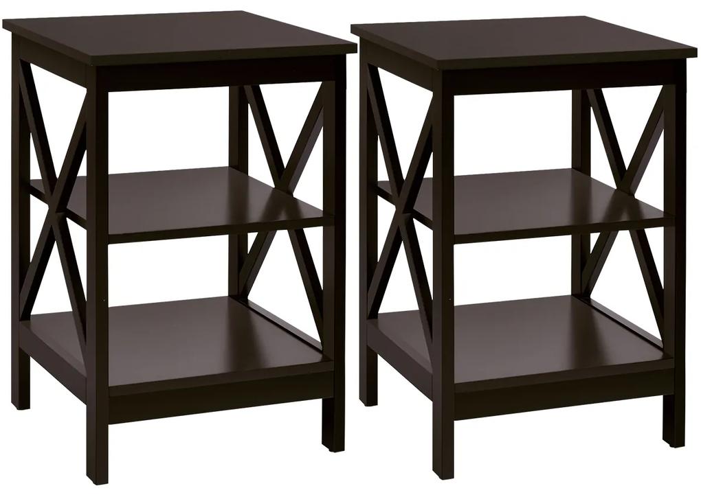 Costway Set di 2 Tavolini a 3 ripiani da soggiorno Comodini in legno con mensola 40X40X61cm Marrone