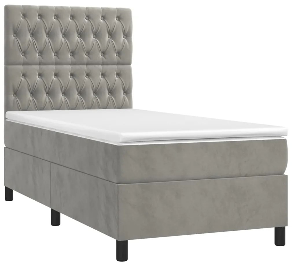 Letto a molle materasso e led grigio chiaro 100x200 cm velluto