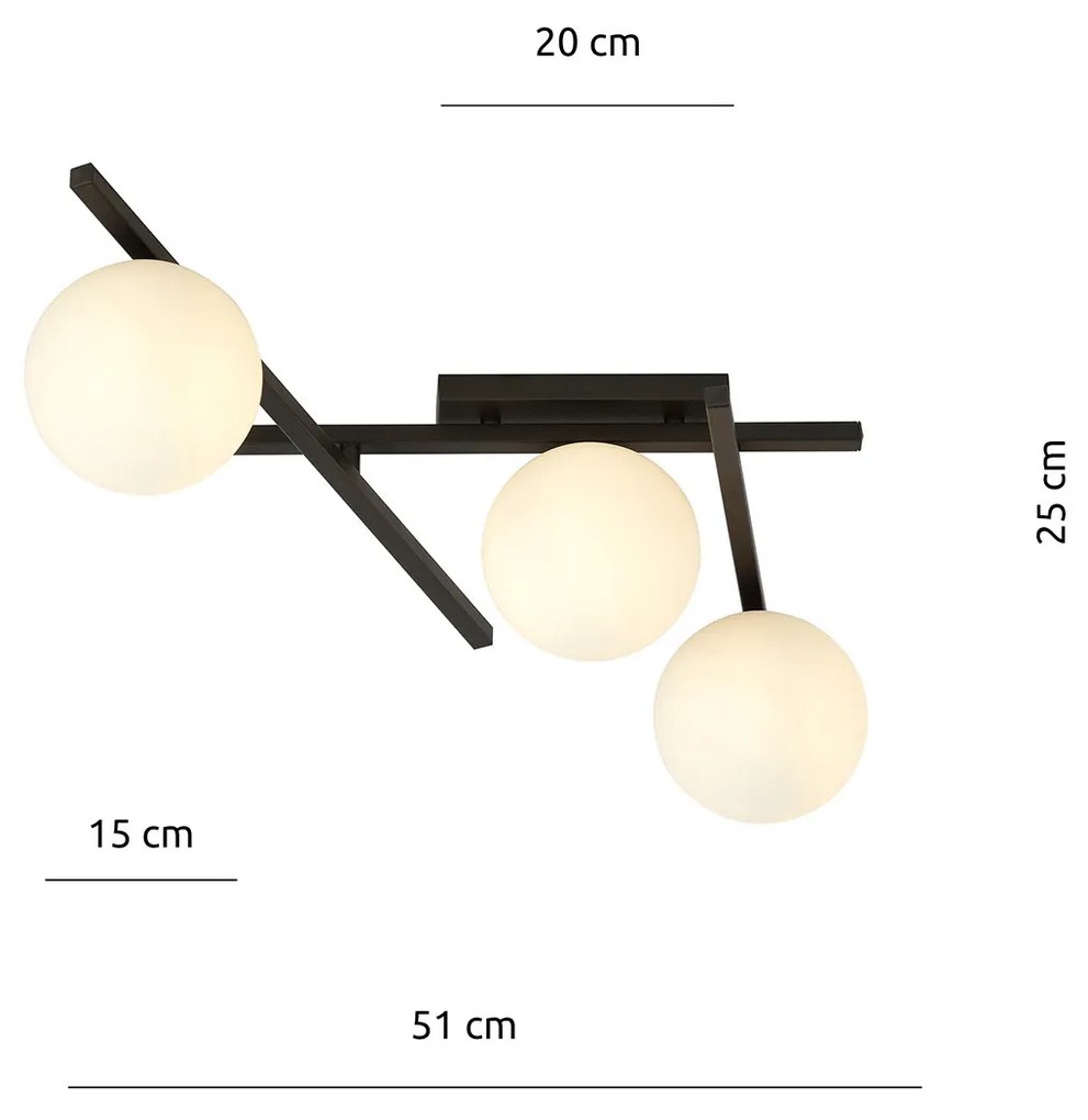 Plafoniera Moderna 3 Luci Teti In Acciaio Nero Bracci Regolabili E Vetro Opale