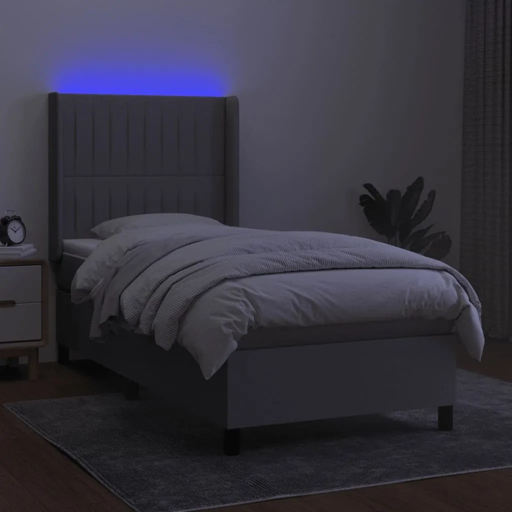 Letto a molle materasso e led grigio chiaro 90x200 cm tessuto