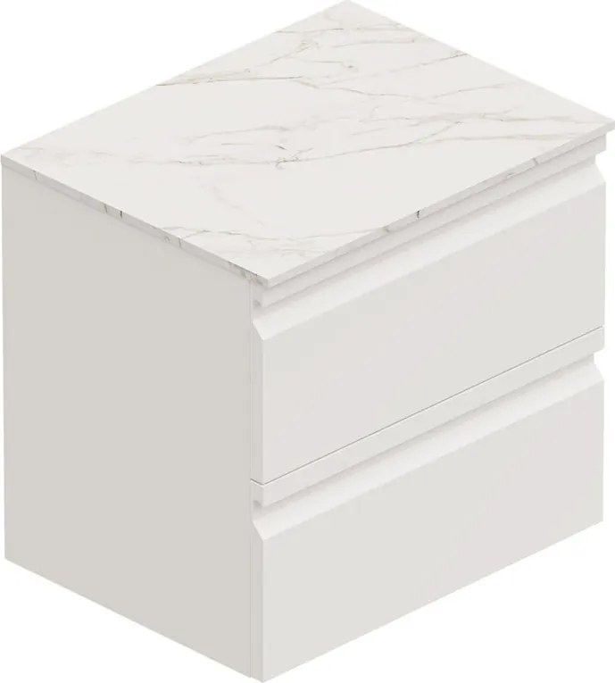 Mobile Pull L60 H55 P45 bianco opaco laccato 2 cassetti a chiusura ammortizzata e top gres Calacatta per lavabo in appoggio, piedini non inclusi