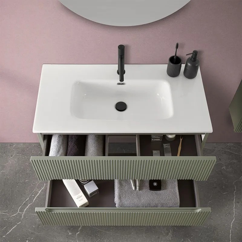 Mobile bagno sospeso cannettato 90 cm verde con specchio   Bali