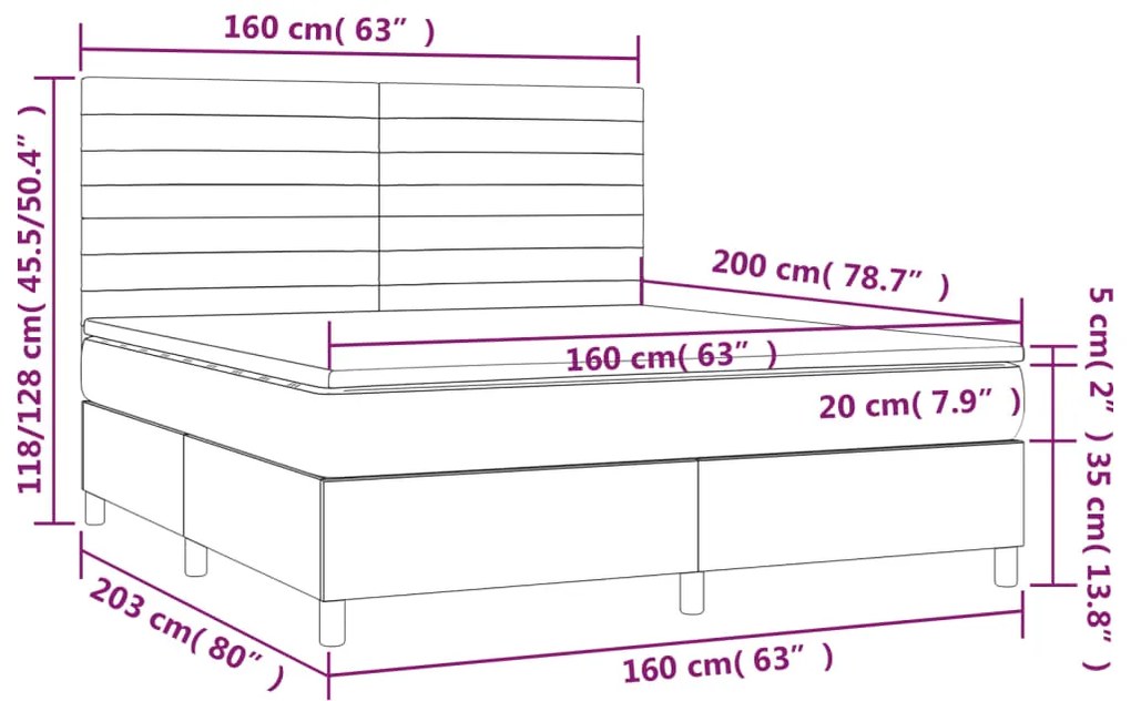 Letto a Molle con Materasso e LED Rosa 160x200 cm in Velluto