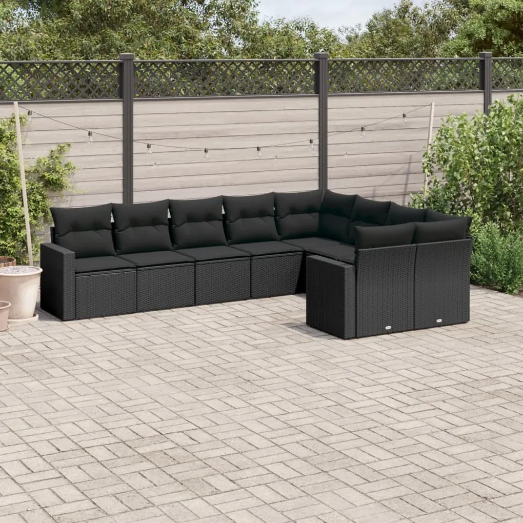 Set divani da giardino 9 pz con cuscini nero in polyrattan