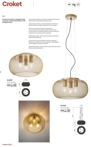 Redo 01-3139 - Plafoniera CROKET 3xE27/42W/230V diametro 40 cm oro