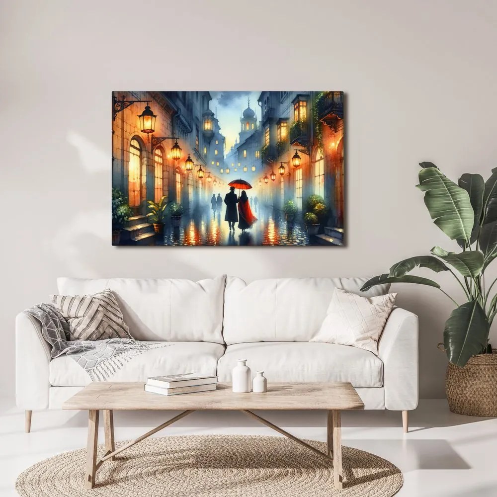 Quadro su tela – Passeggiata romantica nella città piovosa
