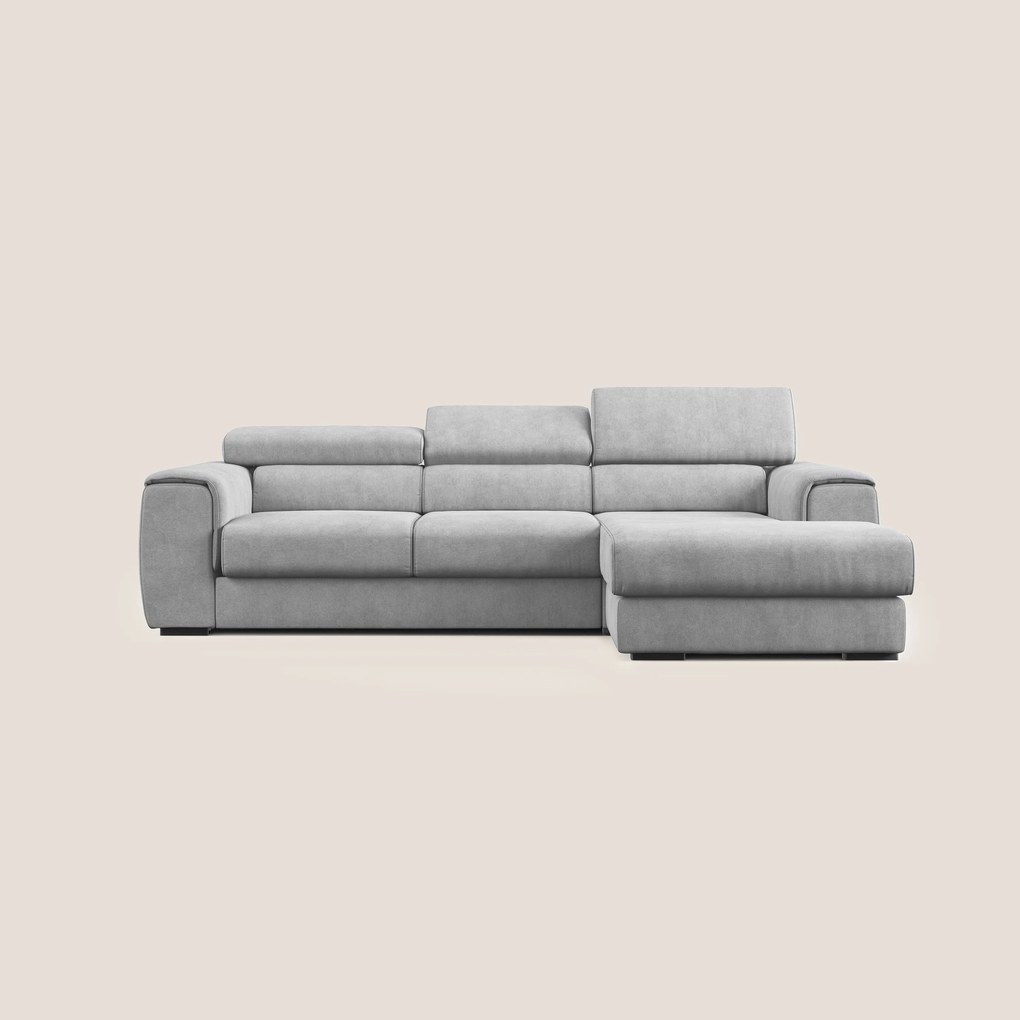 Zeno Divano angolare con pouf estraibile poggiapiedi in tessuto morbido impermeabile T02 grigio chiaro