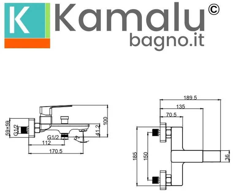 Kamalu - Miscelatore vasca in ottone con doccetta e flessibile PVC | KAM-DIANA