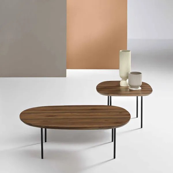 Tavolino con piano sagomato in legno Tek e base in metallo - FLUX Small
