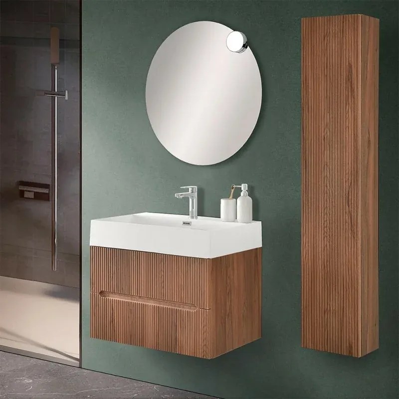 Mobile bagno sospeso cannettato 70 cm noce canaletto con specchio Bali