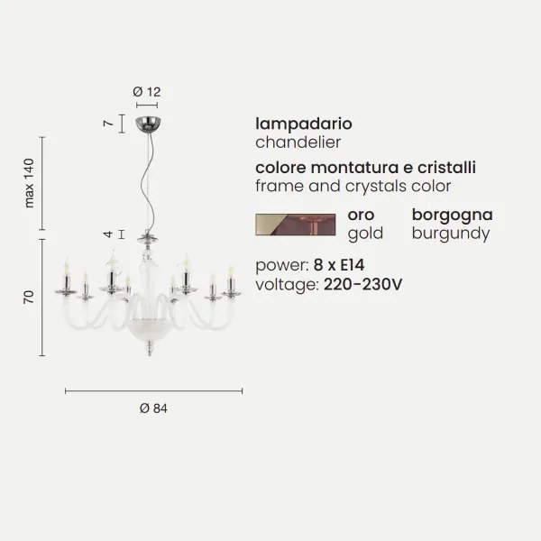 Lampada a sospensione DEBUSSY in vetro lavorato a mano D84 cm Borgogna 8 LUCI