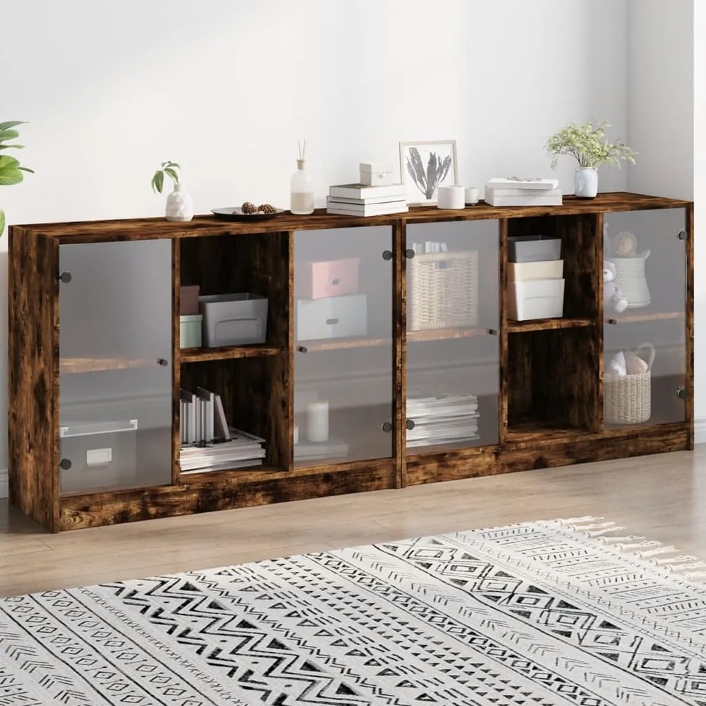 Libreria Con Ante Rovere Fumo 204x37x75 Cm İn Legno Multistrato /