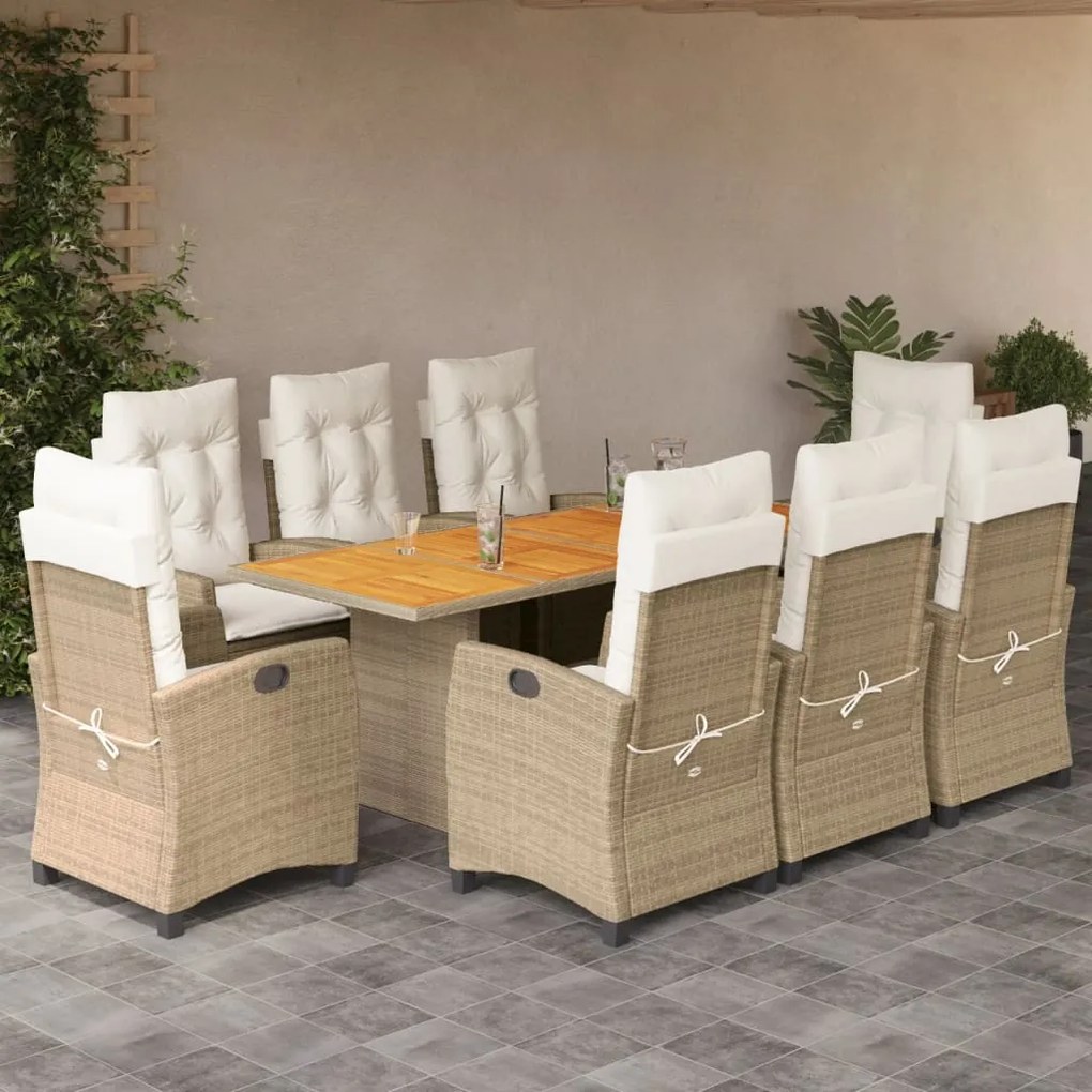 Set da pranzo da giardino 9 pz con cuscini beige in polyrattan