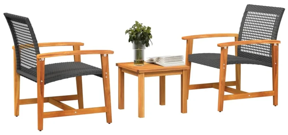 Set da bistrot 3 pz nero in polyrattan e legno di acacia