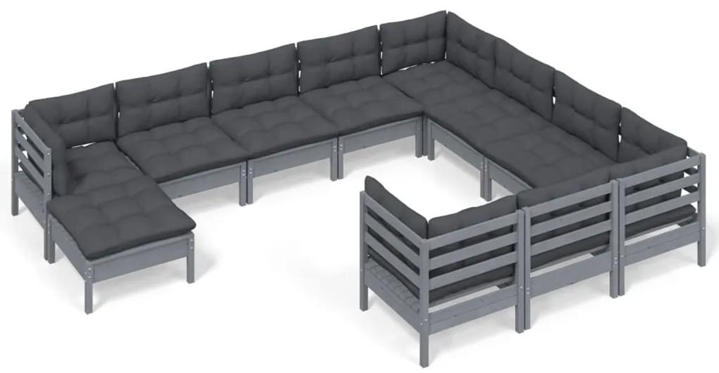 Set divani da giardino 11pz con cuscini massello di pino grigio