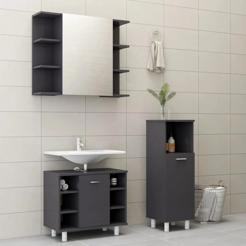 Set Mobili Da Bagno 3 Pz Grigio Lucido İn Truciolato /
