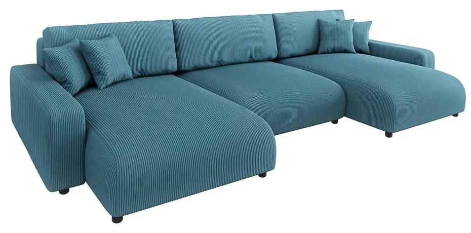Divano angolare turchese allungabile/con contenitore (a U) con rivestimento in velluto a coste Sara – Ropez
