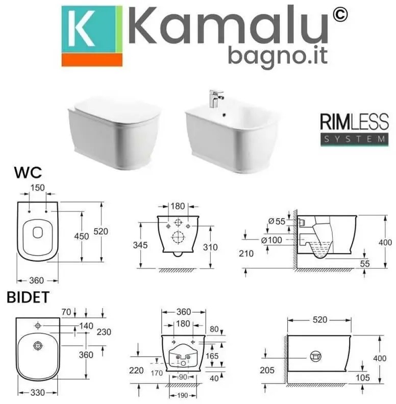 Kamalu - Sanitari sospesi senza brida sedile soft-close Genta-100S