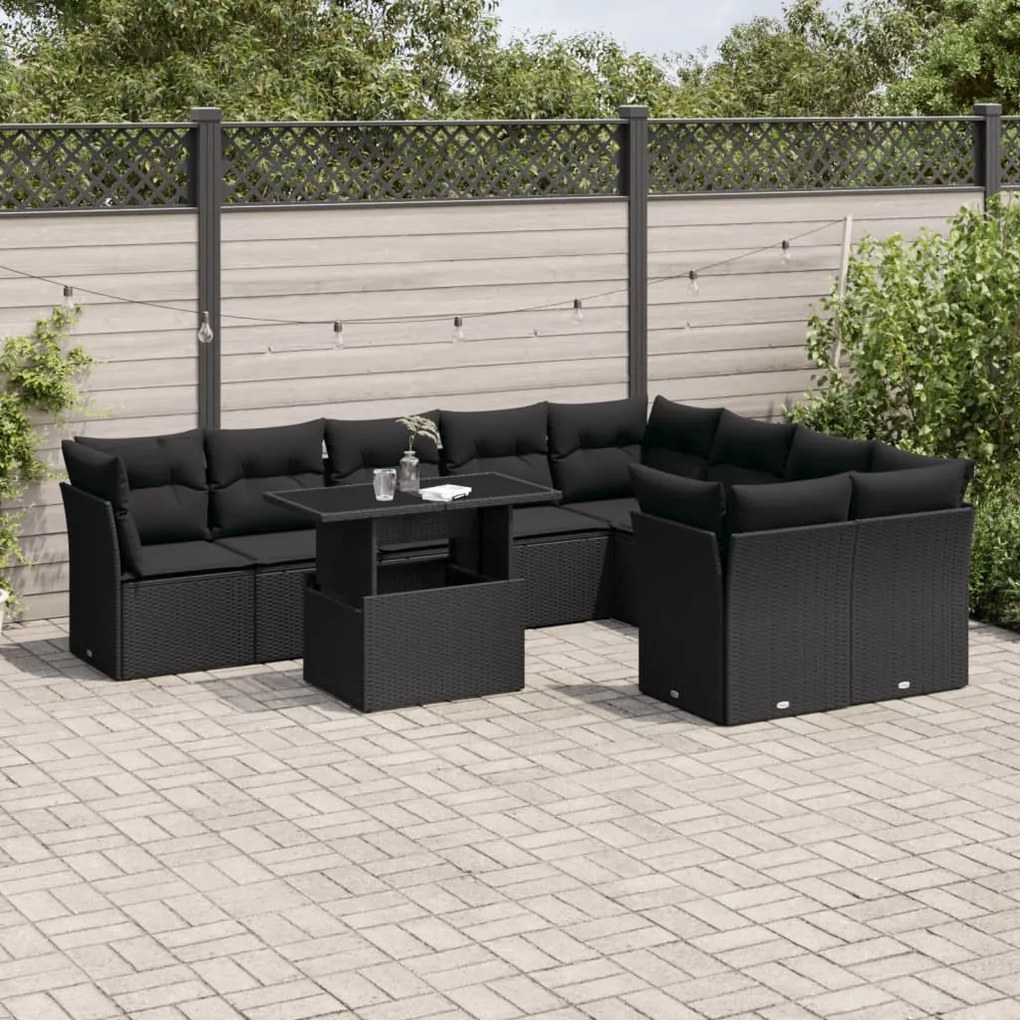 Set divani da giardino 10pz con cuscini in polyrattan nero