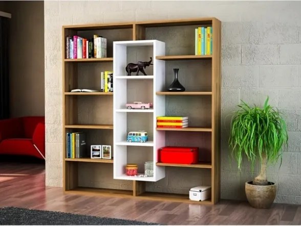 Libreria A Parete Con Mensole E Cubi 125x22x136H Rovere E Bianco Ample