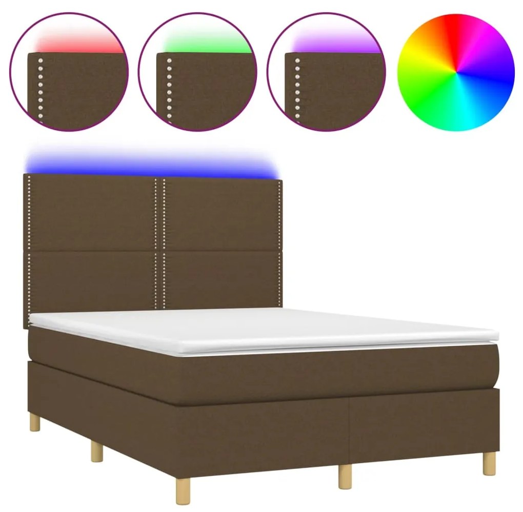 Letto a molle materasso e led marronescuro 140x190cm in tessuto