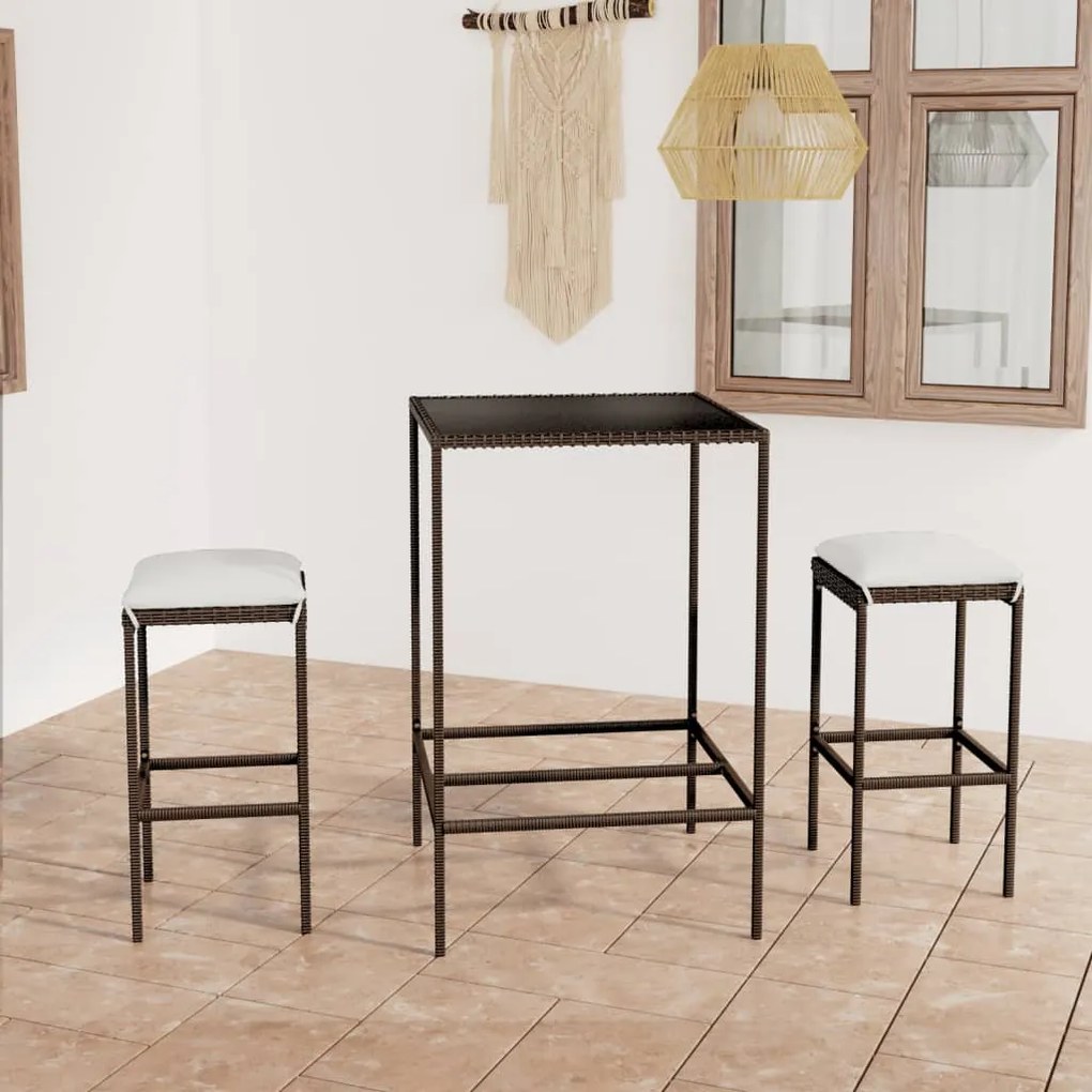 Set Bar Da Giardino 3 Pz Con Cuscini Polyrattan Marrone /