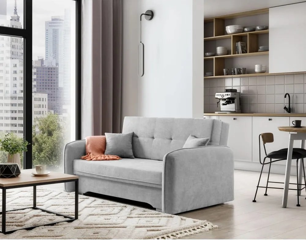 Divano grigio chiaro allungabile/con contenitore e rivestimento in ciniglia 155 cm Laine – ELTAP