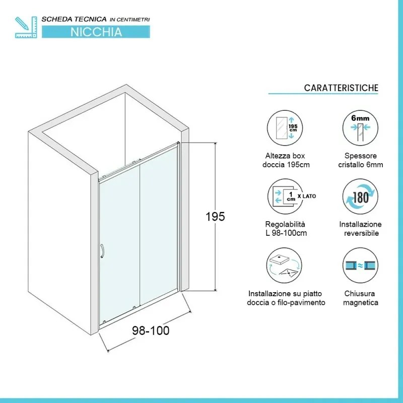 Porta doccia nicchia scorrevole 100 cm Icon con vetro trasparente