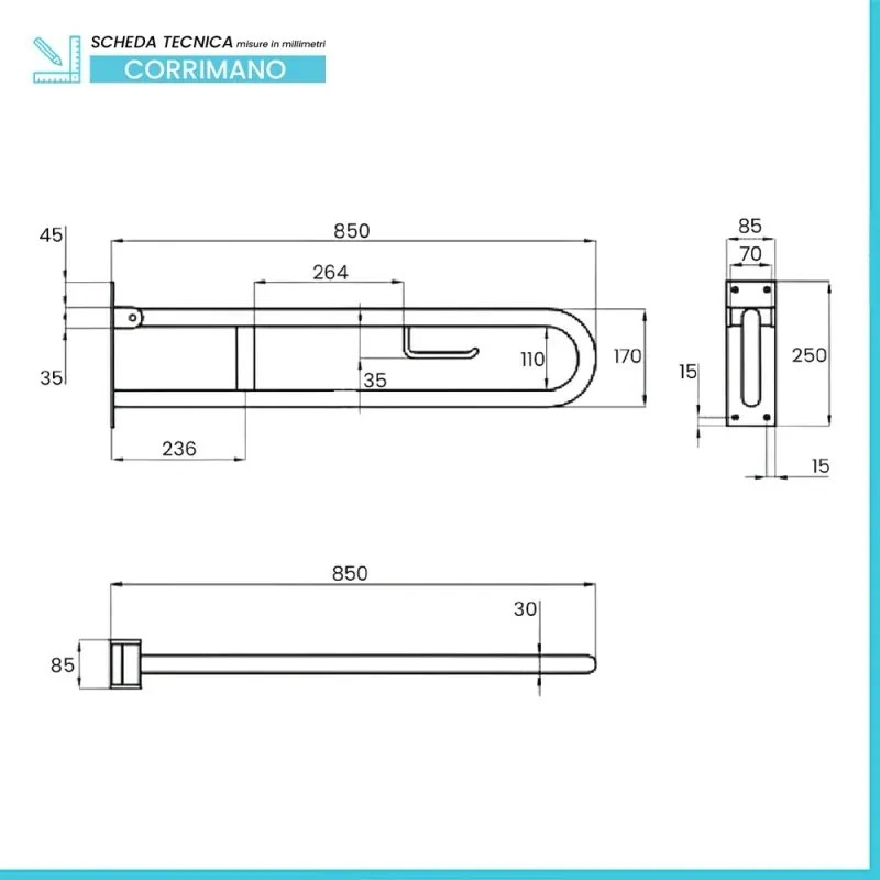 Barra di sostegno ribaltabile per disabili 85 cm in acciaio bianco con porta rotolo