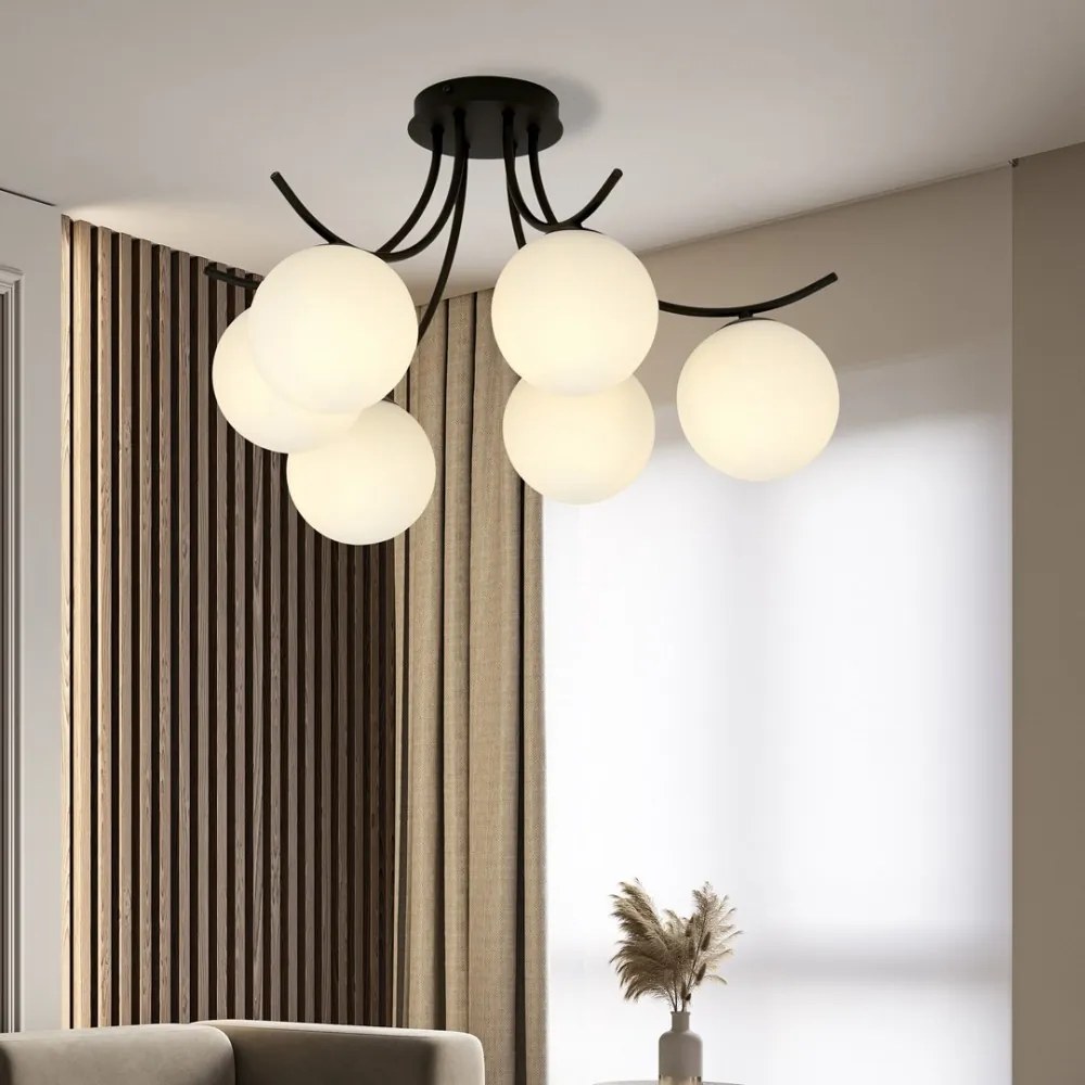 Lampadario da Soffitto in Acciaio e Vetro BOSTON 6 Nero 6xE14 Colore delle Sfere Bianco