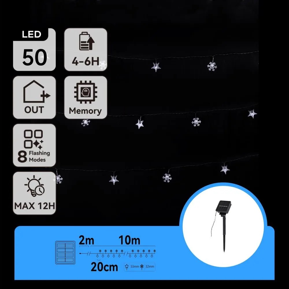 Aigostar - Catena luminosa solare a LED 50 LED / 8 modalità 12 m IP65 bianco freddo