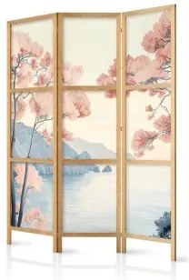 Paravento giapponese - Landscape with the Ocean - Cliffs - and Trees in Delicate Pink Shades 135x172