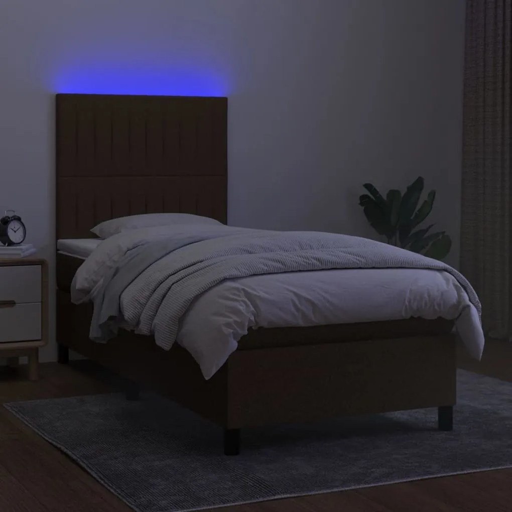 Letto a molle materasso e led marrone scuro 90x190cm in tessuto